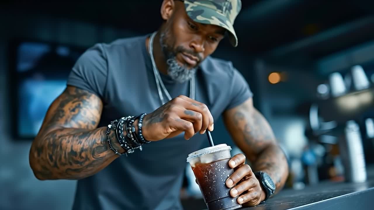 A man in a black shirt and a camouflage hat holding a cup of coffee
