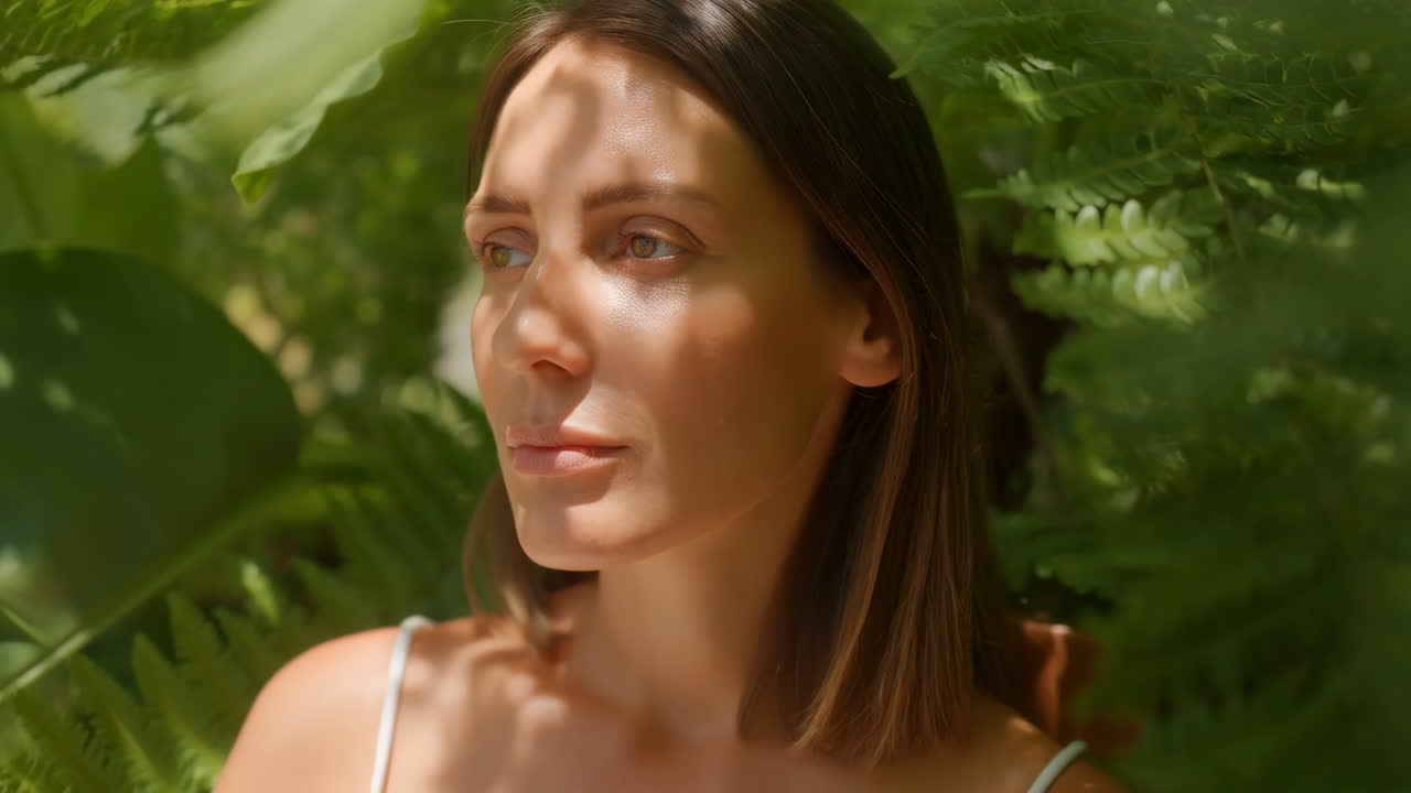 Serene Woman Among Green Foliage with Dappled Sunlight