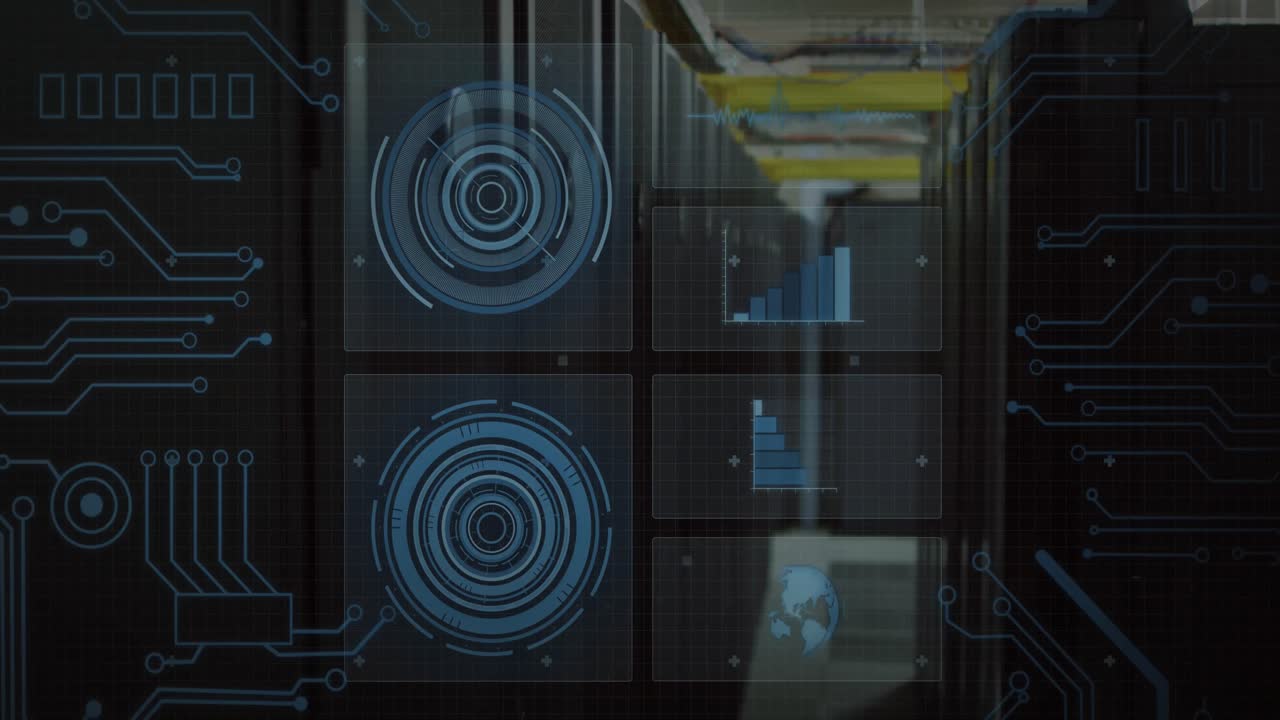 animación del escáner redondo, conexiones de microprocesador y procesamiento de datos contra la sala de servidores.
