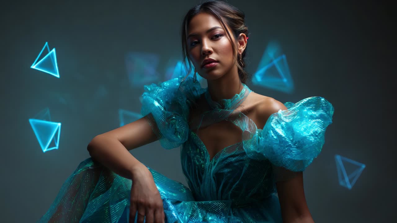A mesmerizing portrait of a poised woman in a stunning turquoise gown, captured in a stylish and atmospheric setting with ethereal blue geometric shapes enhancing her elegant presence