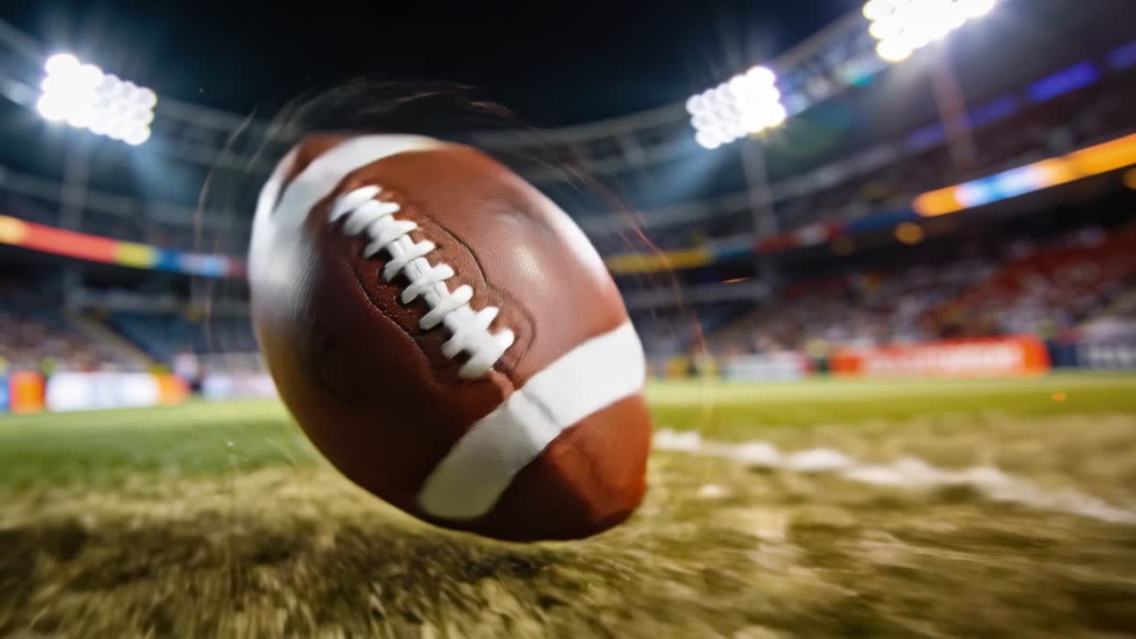 Pallone da football americano che ruota e cade dopo il calcio d'inizio, rotolando sul campo fino alla linea delle yard sotto i riflettori.