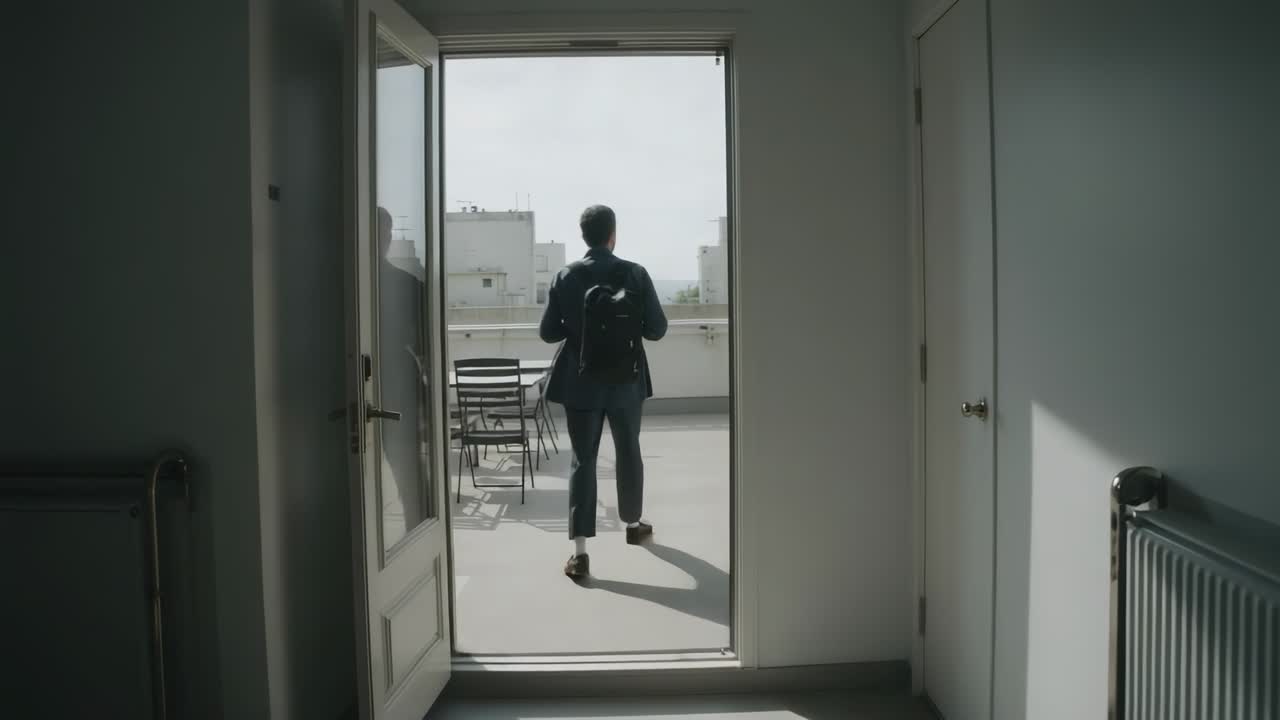 Walking commuter in blazer and backpack through open glass door onto rooftop past table to skyline