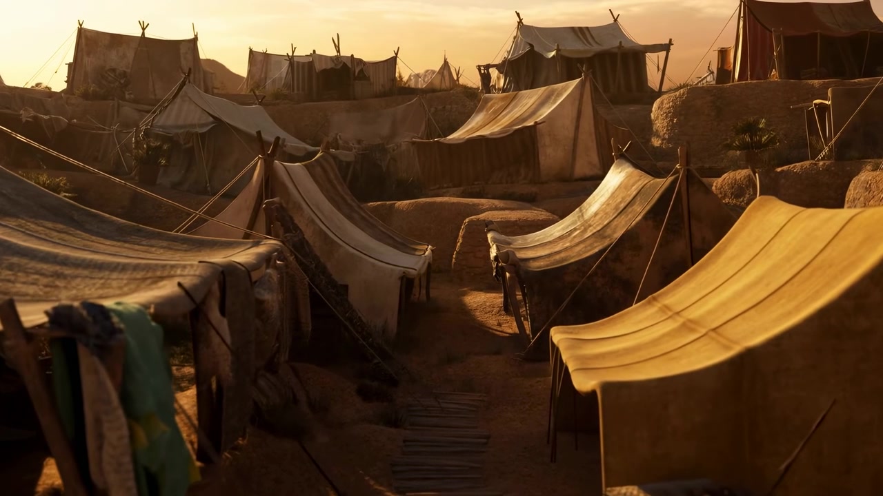 Establishing panoramic shot of makeshift tent camp set on layered earthen terraces, showing multiple pitched canvas shelters and taut awnings secured with ropes to wooden poles along narrow