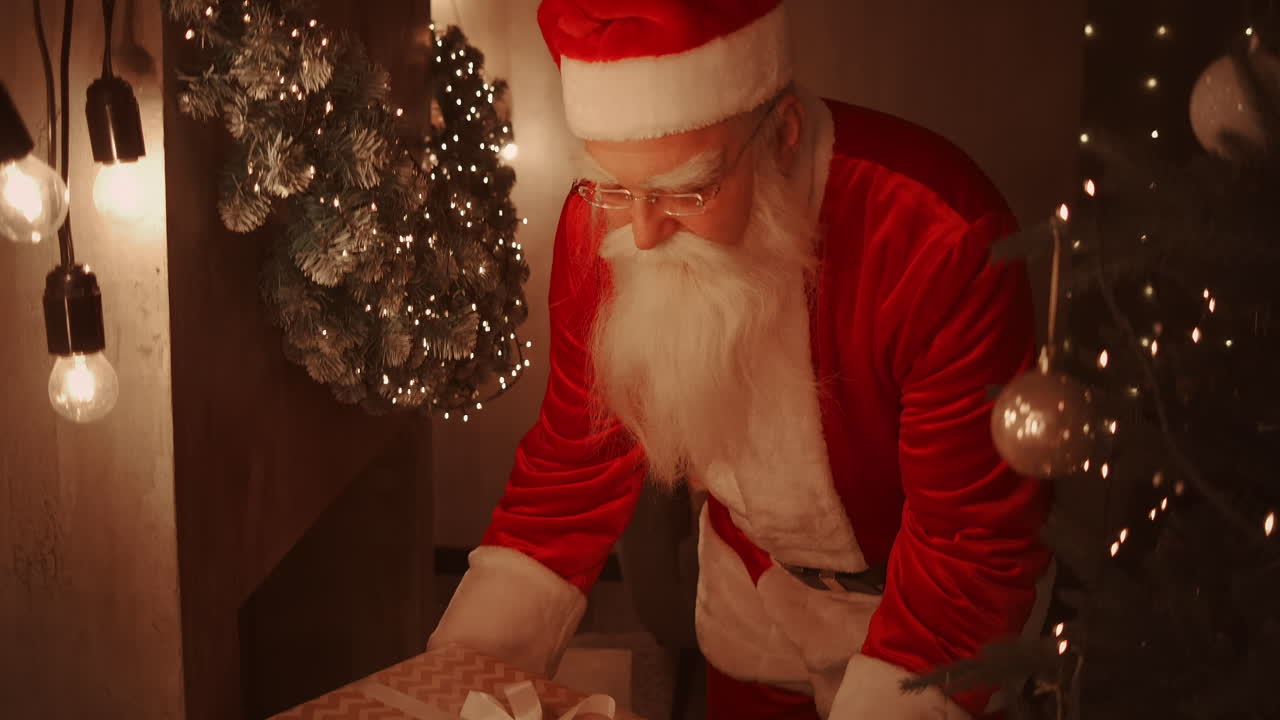Santa Claus brings gifts under the Christmas tree for children. Give gifts to children on Christmas night. Santa puts a gift under the Christmas tree. High quality 4k footage