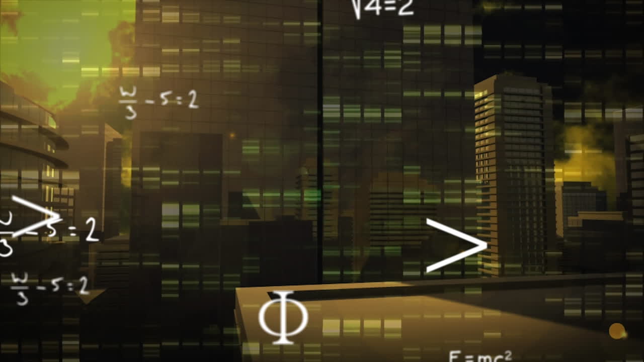수학적 방정식의 애니메이션과 도시 풍경 위에 움직이는 기둥.