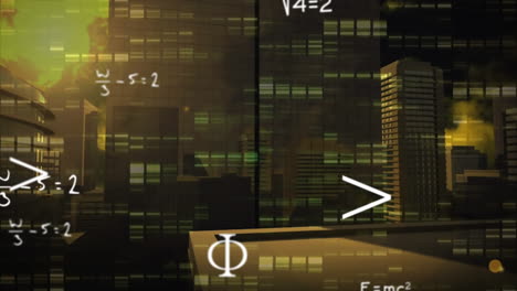 animación de ecuaciones matemáticas y columnas móviles sobre el paisaje urbano.
