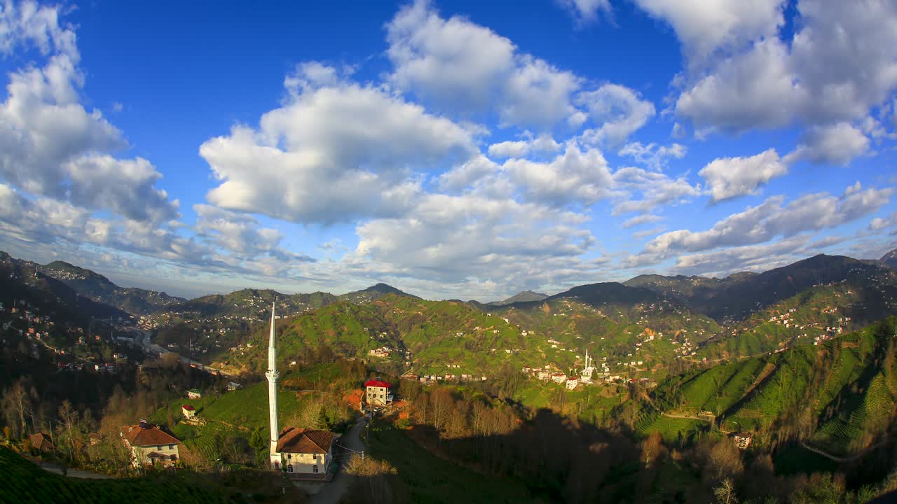 jardines de té verdes y un cielo azul nublado