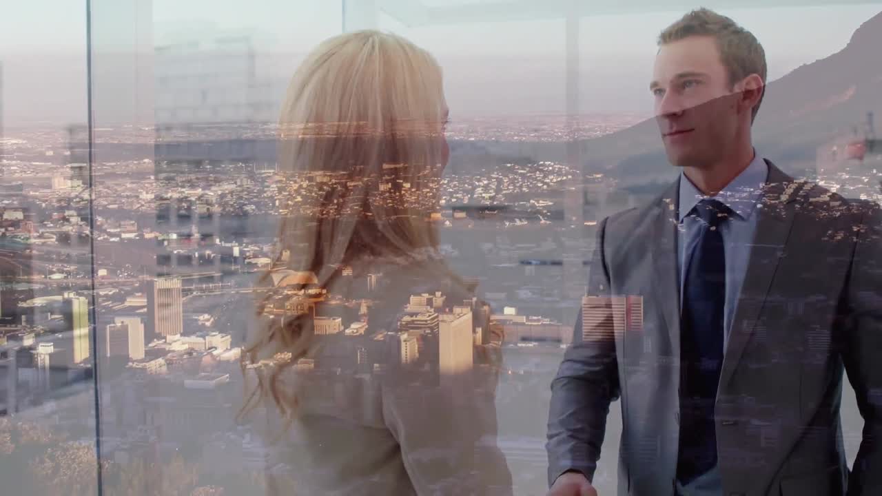 도시 풍경 위에서 사업가의 악수 애니메이션