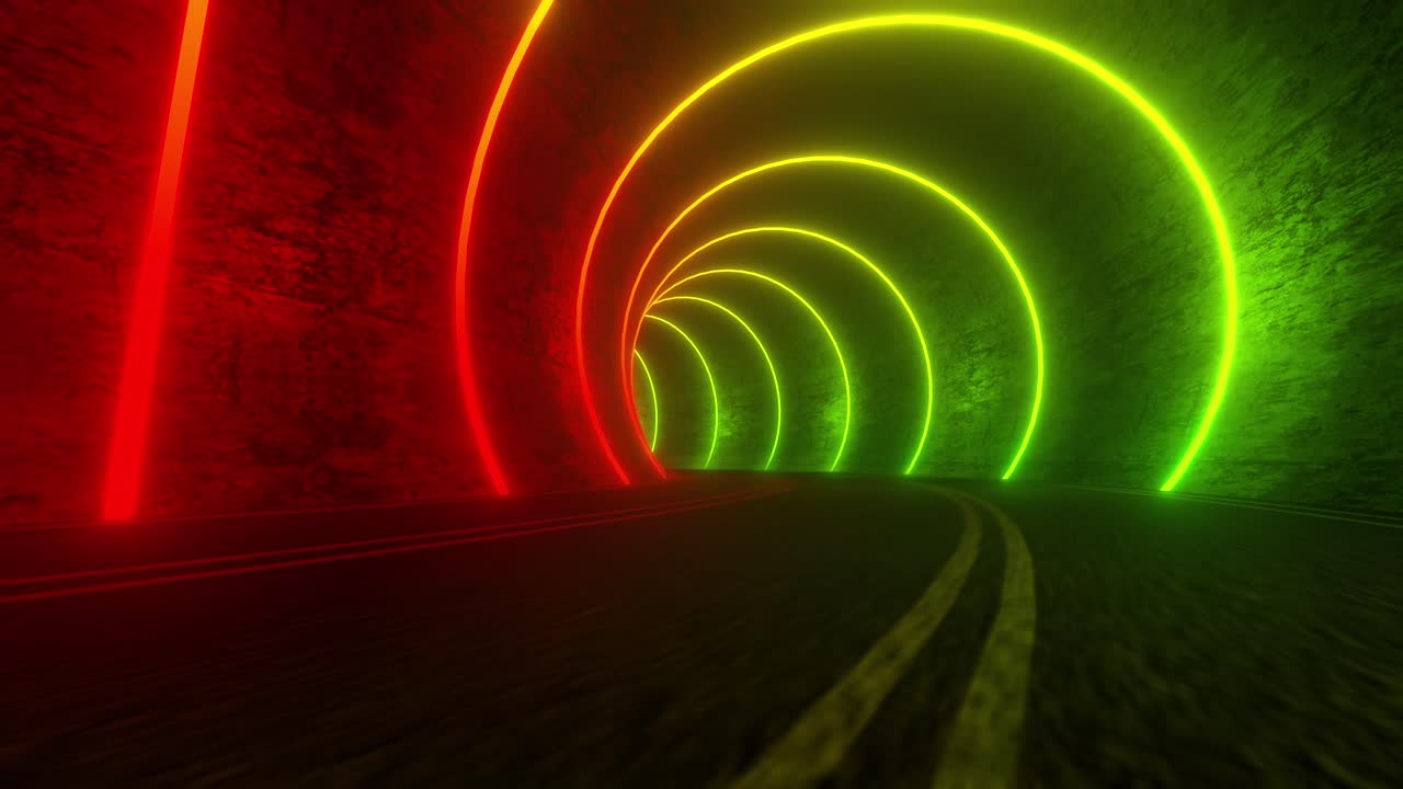 Neon Tunnel with Red and Green Glowing Circles