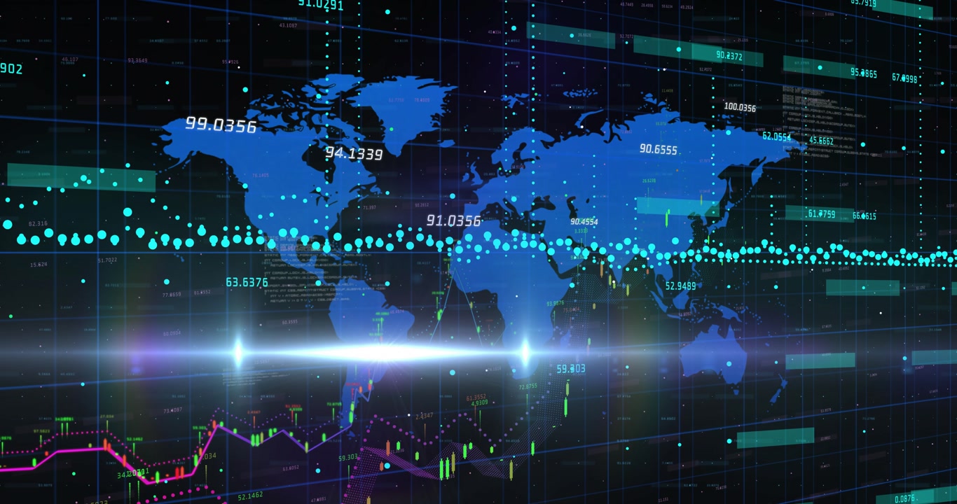 Upon teal dots appearing, interface animating magenta and green lines over world map for finance