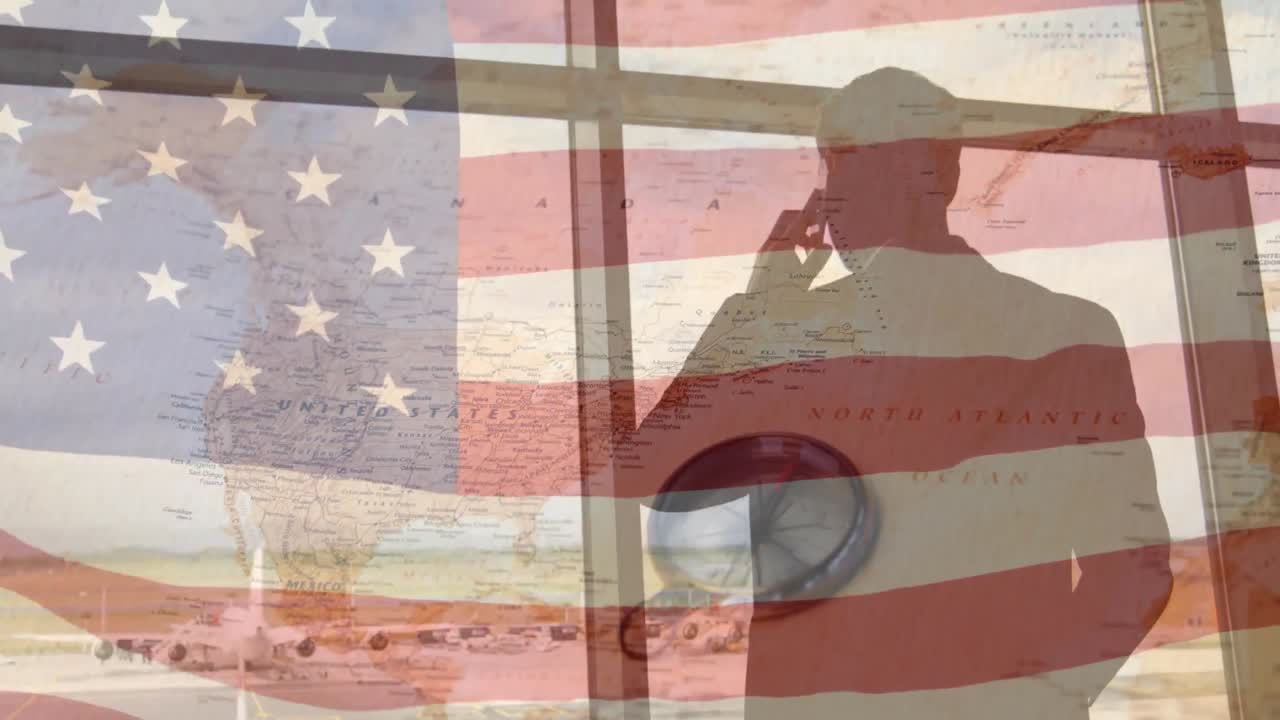 animación de agitar la bandera de ee.uu. sobre el hombre en el aeropuerto