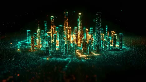 experience a vibrant city skyline visualization, where glowing particles come together to forge a dynamic and immersive urban atmosphere