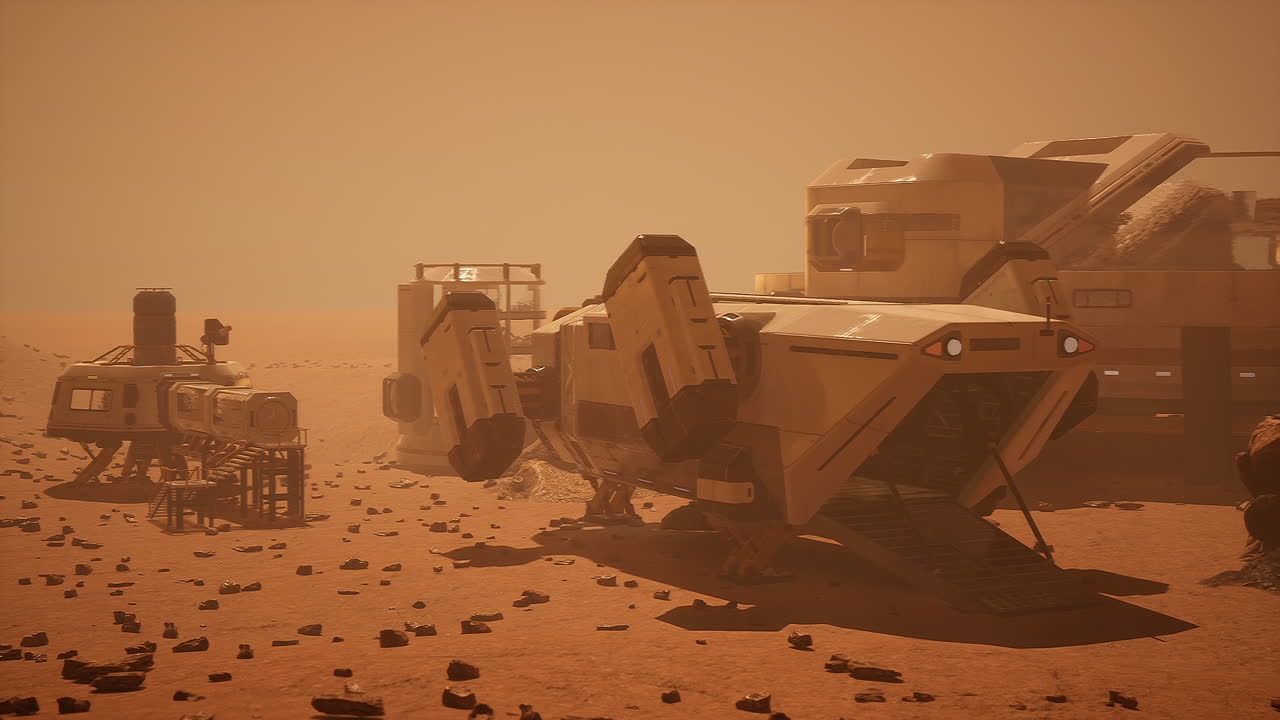 Mars colony hub showcasing advanced technology and exploration structures