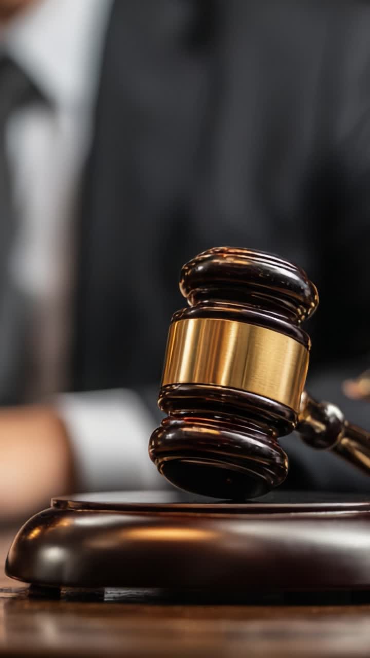 Primo piano di un martelletto da giudice appoggiato su un blocco di legno in un'aula di tribunale, che simboleggia la giustizia e i procedimenti legali, con una leggera sfocatura dello sfondo