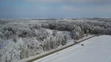 Vista-Aérea-Del-Bosque-Del-Parque-Nacional-Con-Copas-De-árboles-Cubiertas-De-Nieve,-Revela-Una-Vista-Ascendente