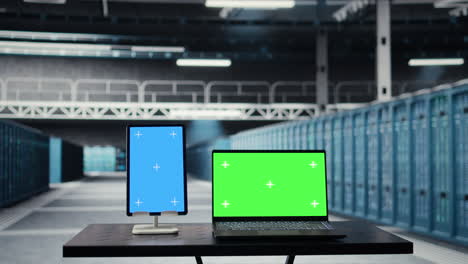 isolated screen tablet and laptop in high tech data center facility