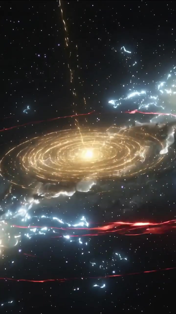 Video verticale: Nucleo dorato che esplode, emettendo getti, fasce rosse e un disco nello spazio, formando una galassia inclinata.