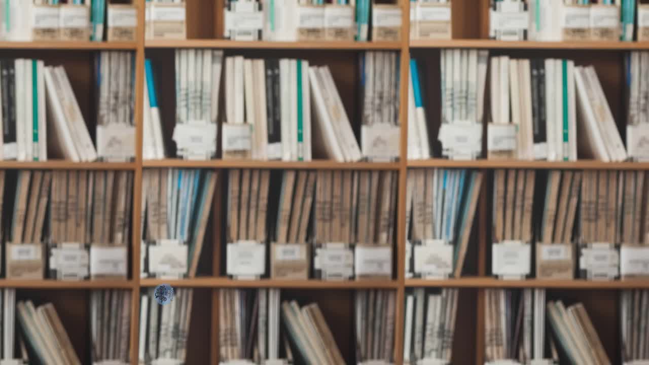 오래된 학교와 새로운 학교의 애니메이션 파란색 원에 있는 텍스트가 도서관 선반에 있는 책들을 가로질러 움직입니다.