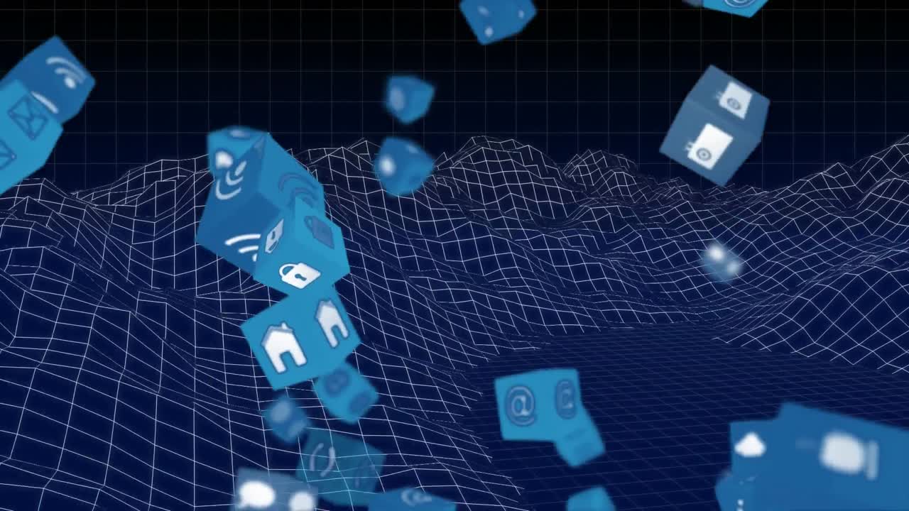 animación de iconos digitales que vuelan sobre el mapa y el fondo negro