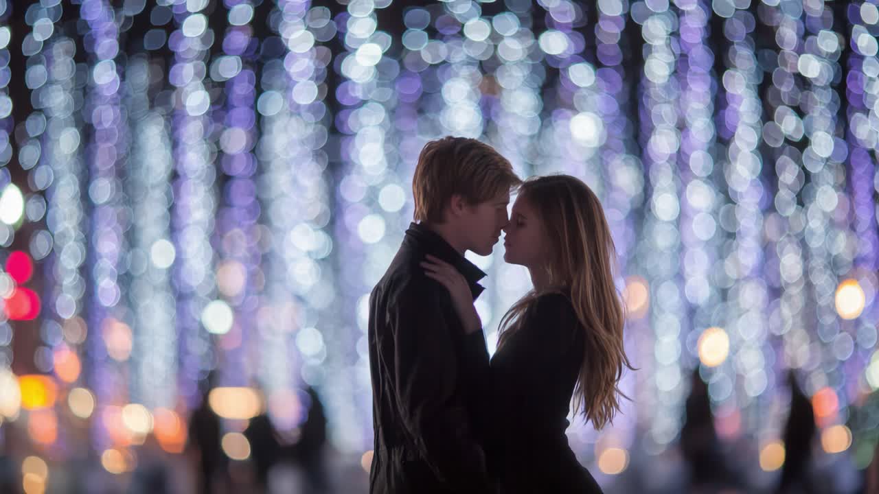 A Romantic Evening Under Twinkling Lights: Capturing an Intimate Moment Between Two Lovers Amidst a Beautifully Decorated Scene