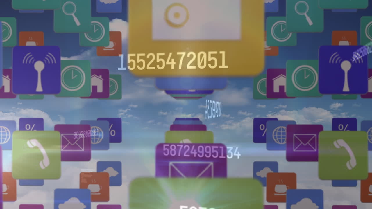 animación de nubes digitales, números y iconos tecnológicos