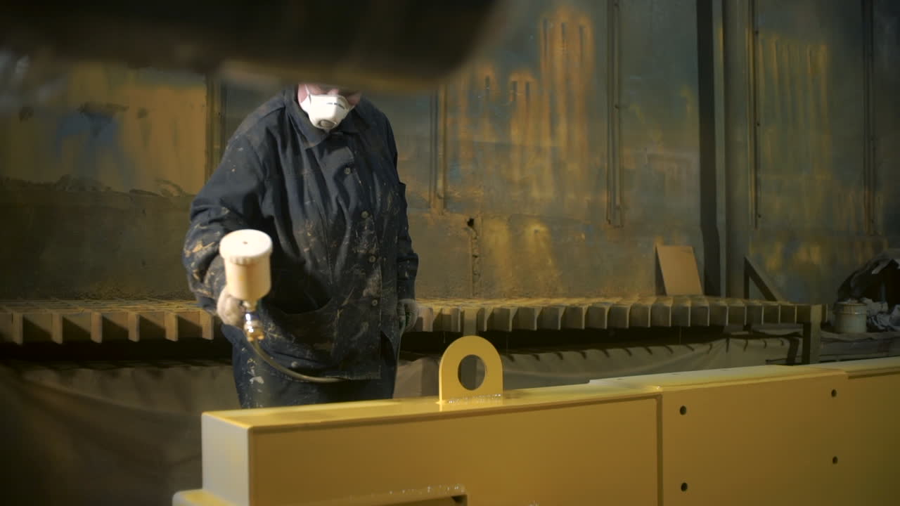 Industrial Worker Painting Metal Components