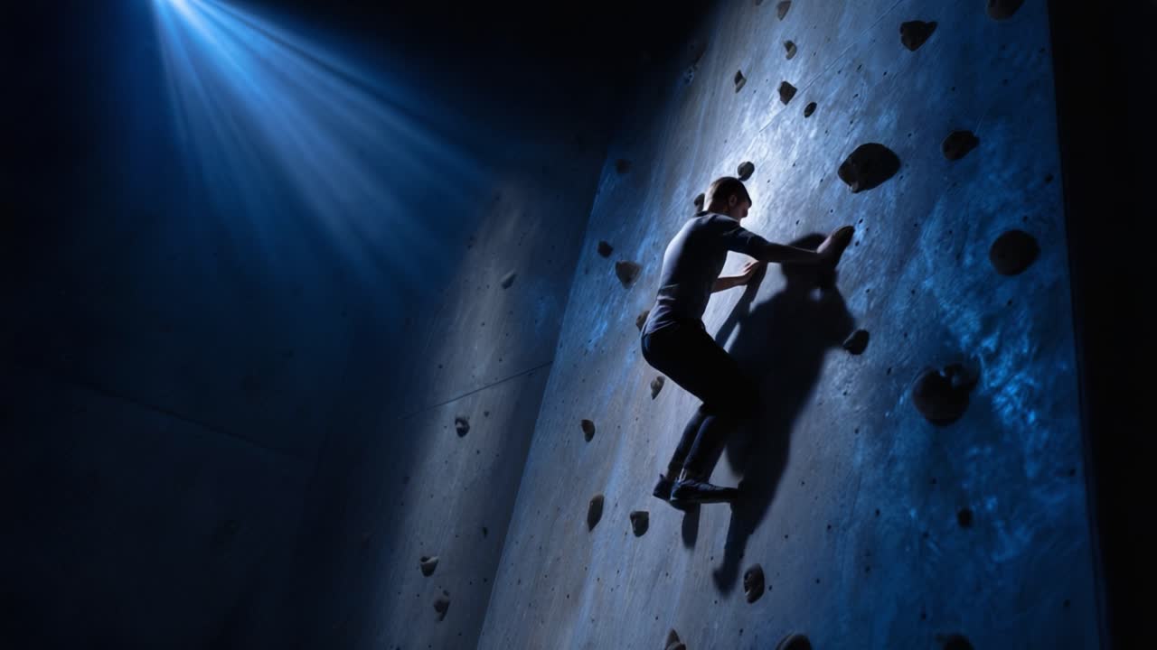 A climber showcasing skill and determination on an indoor climbing wall under dramatic lighting that enhances the challenging environment of the ascent