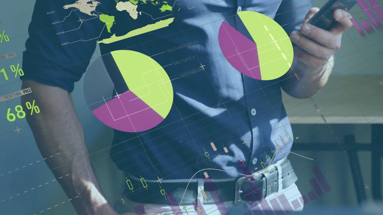 animación del procesamiento de datos financieros sobre un empresario caucásico que usa un teléfono inteligente