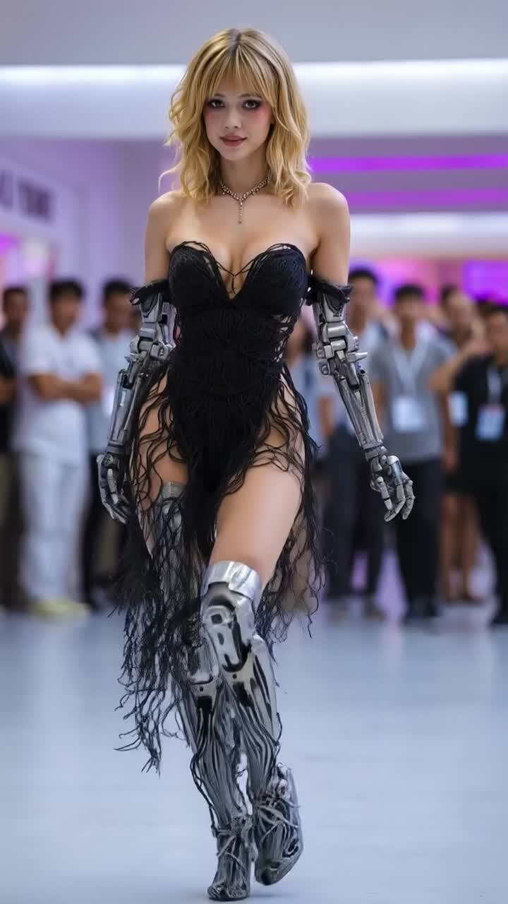 Cyborg-mode model i sort frynsekjole på Runway