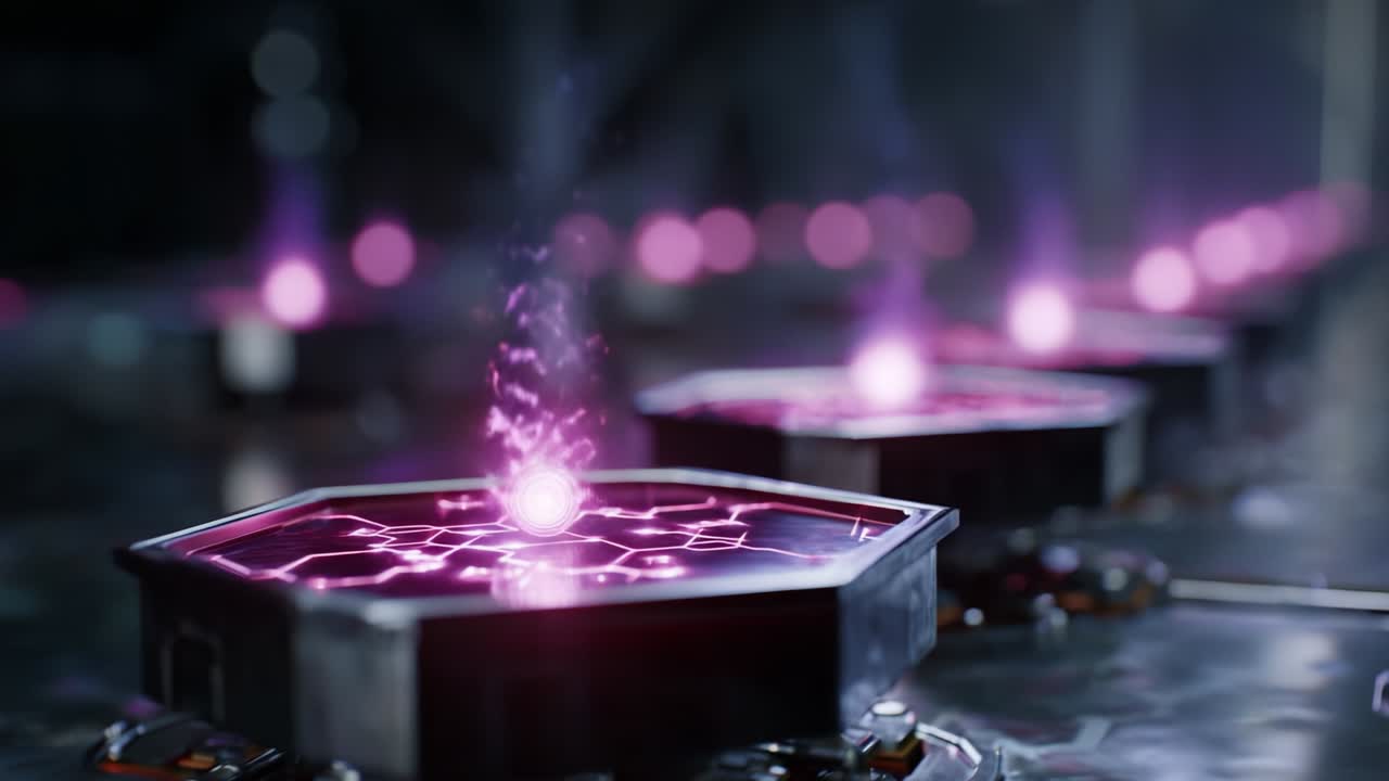 Intricate Close-Up of High-Tech Energy Sources: A Captivating Visual Journey Through Vibrant Pulses of Light and Energy Emitting from Advanced Energy Cells, Showcasing the Future of Power Generation