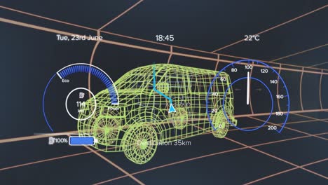 animation of speedometers, loading battery icon over 3d model of van against black background