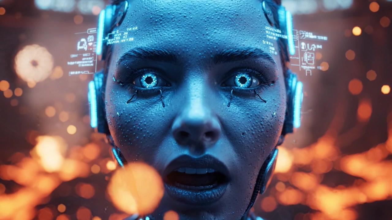 Essere cibernetico futuristico con espressione intensa in mezzo a uno sfondo infuocato, che ritrae emozioni di stupore e tecnologia in un'ambientazione fantascientifica