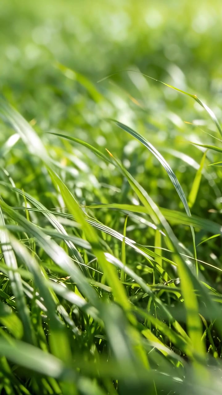 Video verticale: Filo d'erba verde che ondeggia, messa a fuoco che cambia con la brezza, movimento della telecamera, bokeh solare a terra.
