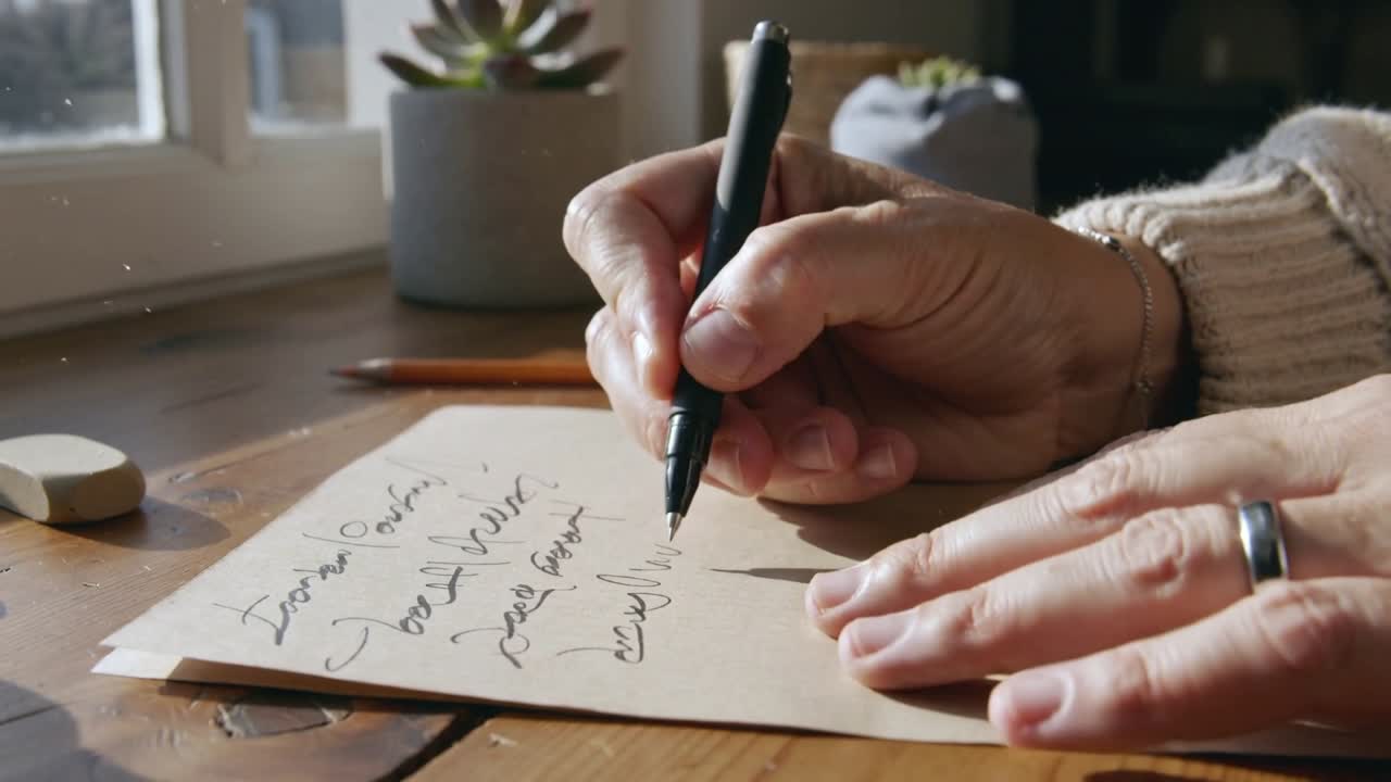 Touching black pen, right hand in sweater writing on brown paper at desk, left steadying signature