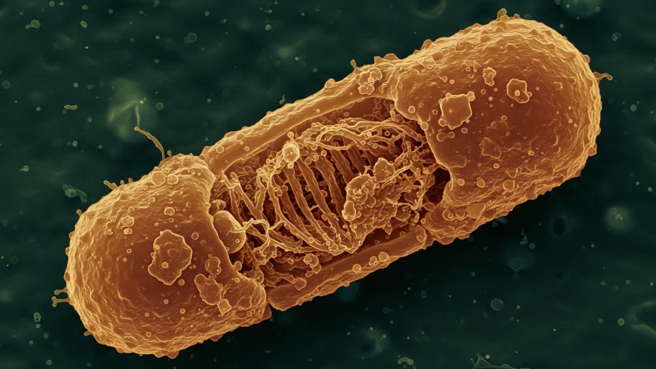 Magnified View of Bacterial Structure Showing Intricate Microbial Features and Cellular Components Captured in High Detail Under Electron Microscope