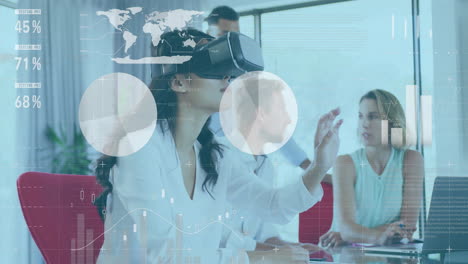 Virtual reality data visualization animation over business meeting in modern office