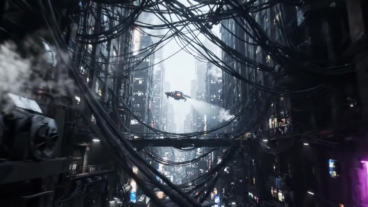 Futuristic Cyberpunk Cityscape: A Dense Urban Environment Saturated with Neon Lights, Complex Wiring, and a Hovering Vehicle Amidst Skyscraper Shadows