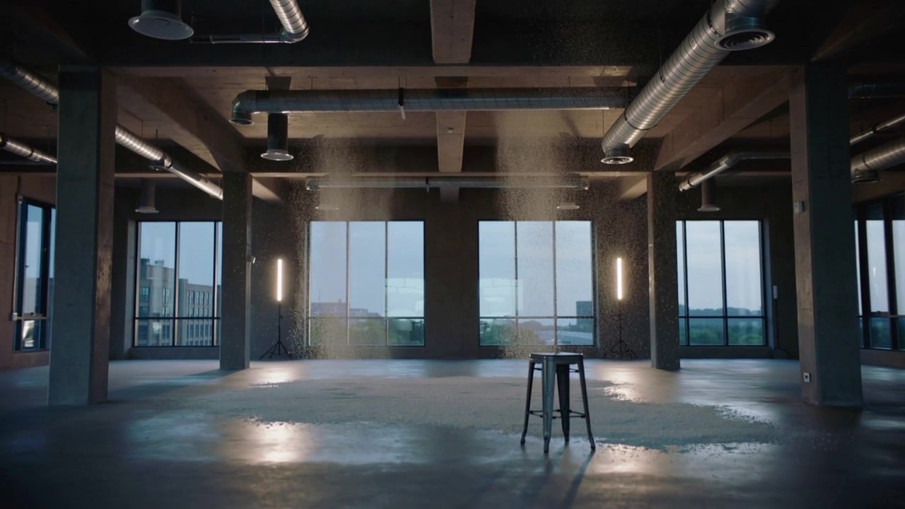 Illuminating single metal stool centered in loft, LED panels activating and mist falling, for mood