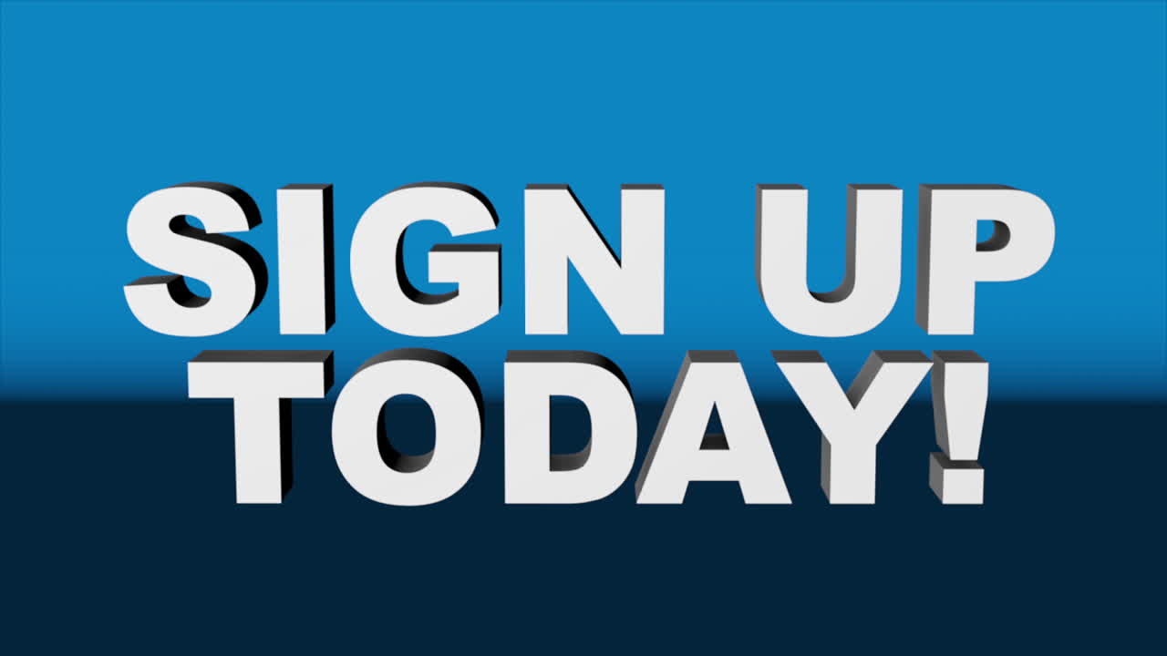 A 3D graphic rendered with Cinema 4D, of white 3D text "SIGN UP TODAY