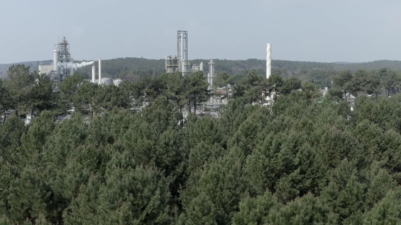 DRT biomass cogeneration surrounding forest, sustainable land use and green chemistry. Vielle-Saint-Girons, France. Aerial forward