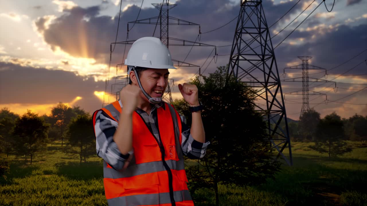 Ingeniero contento celebrando el éxito cerca de líneas eléctricas al atardecer