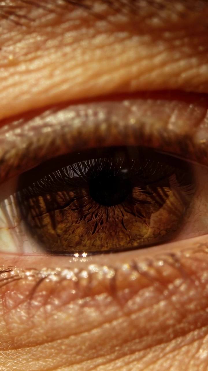 Video verticale: Occhio marrone che sbatte le palpebre in risposta al riflesso della cornea, chiudendosi e riaprendosi al chiuso.