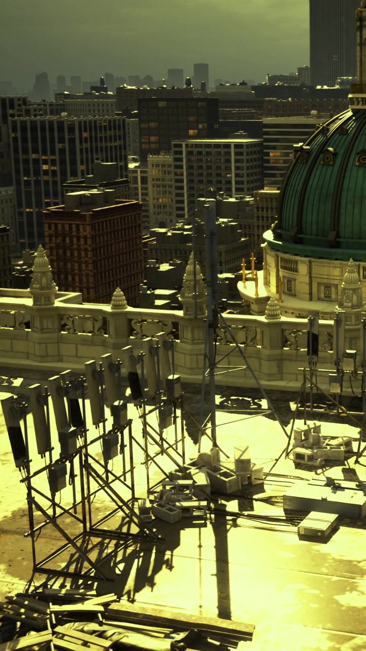 City skyline at dusk with golden light illuminating rooftops and structures