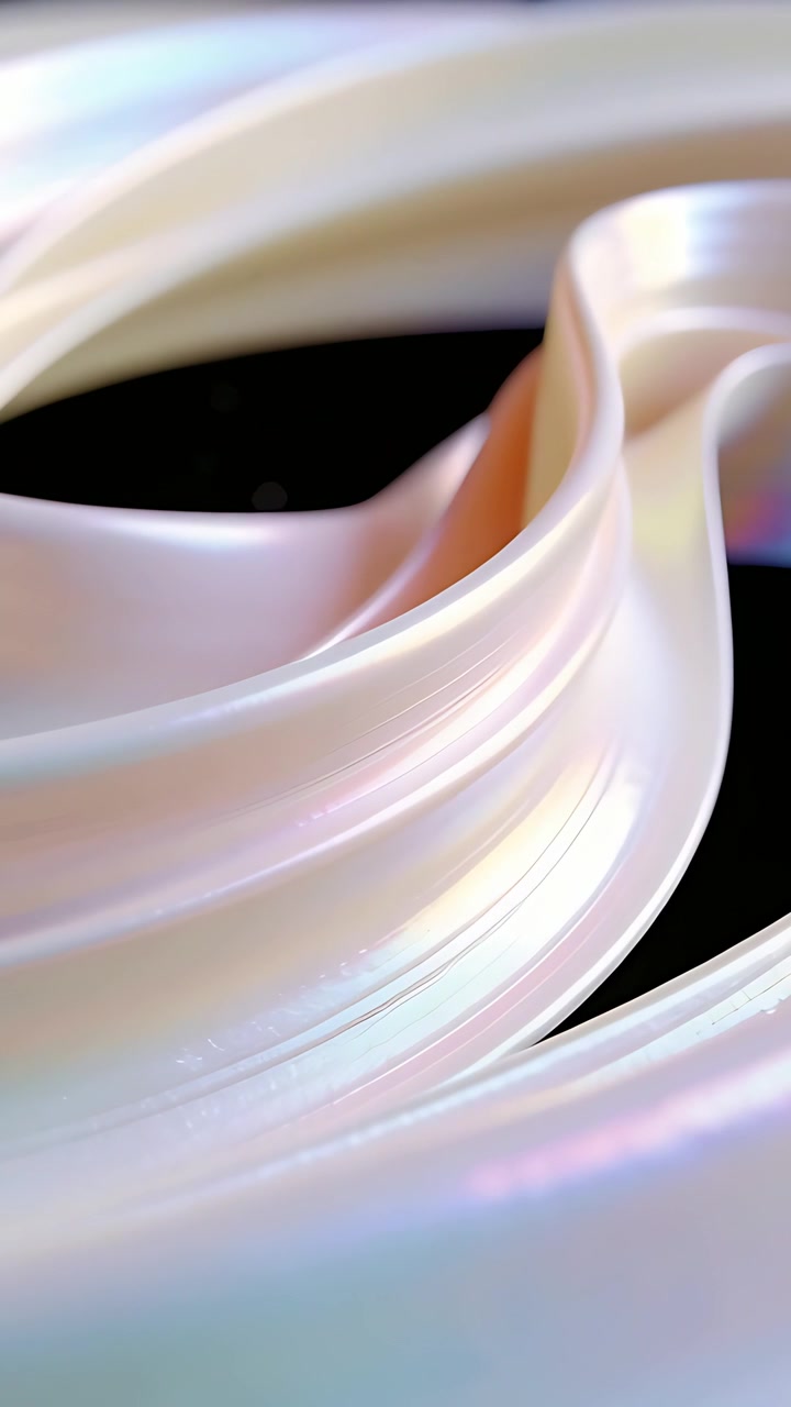 Video verticale: Nastri perlacei che si muovono in macro ravvicinata con una sottile panoramica, rivelando curve lucide.