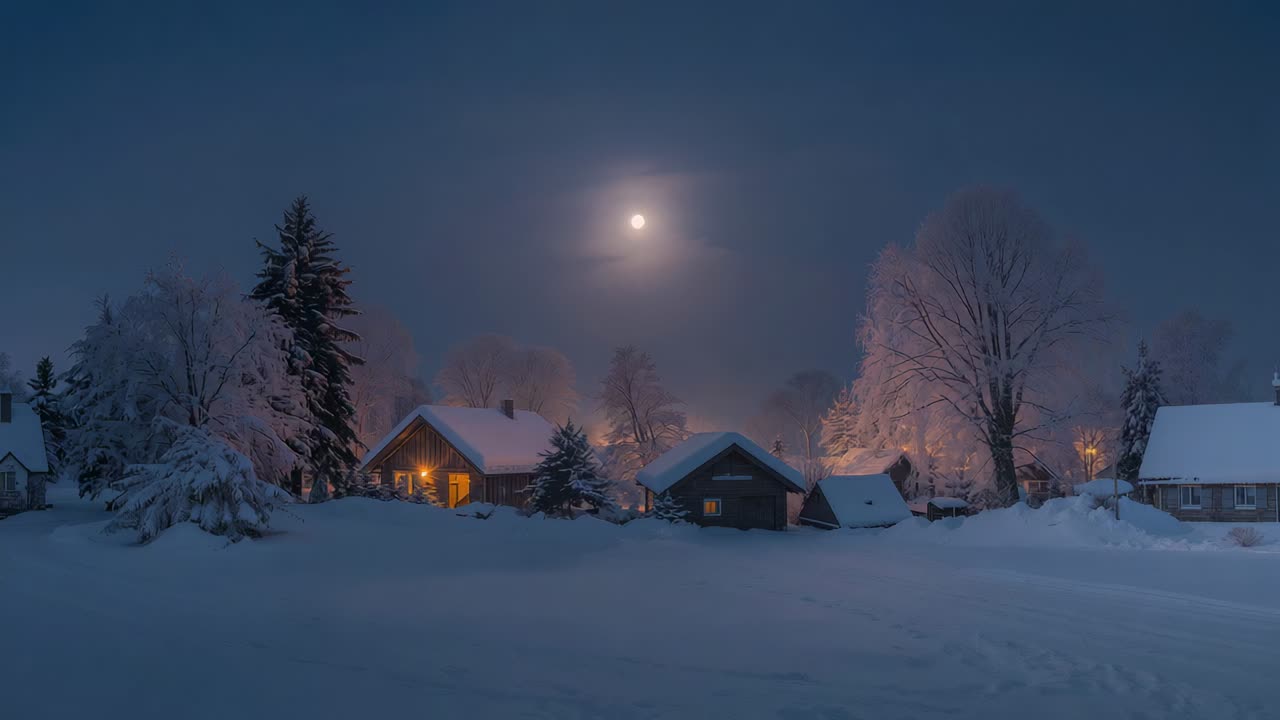 Nuvens finas passando, criando um halo lunar e luz oscilante, casas e postes de luz revelando rastros