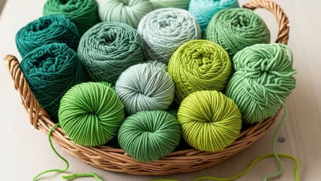 a beautiful array of green yarn in a basket, showcasing various shades and textures perfect for craft projects, knitting, and creative endeavors