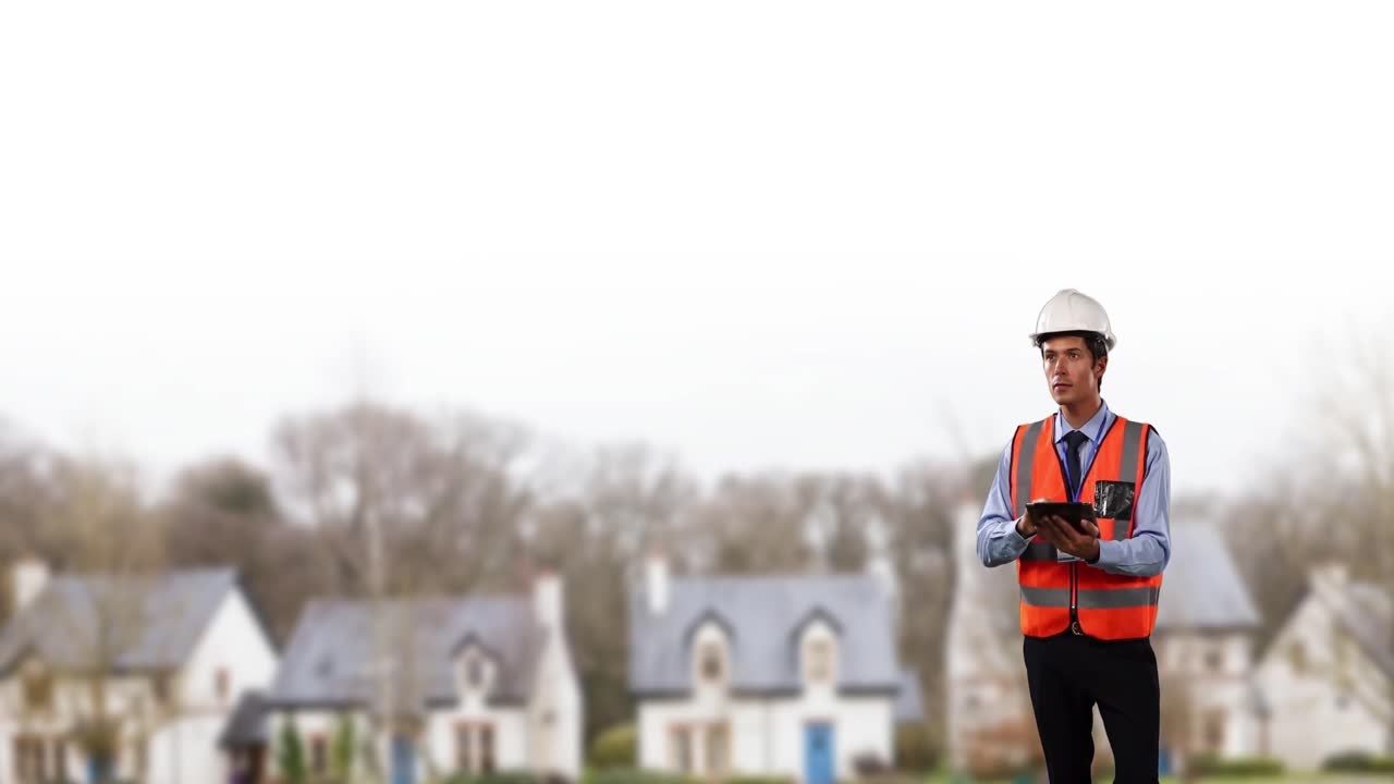 Animation of caucasian male engineer over cityscape