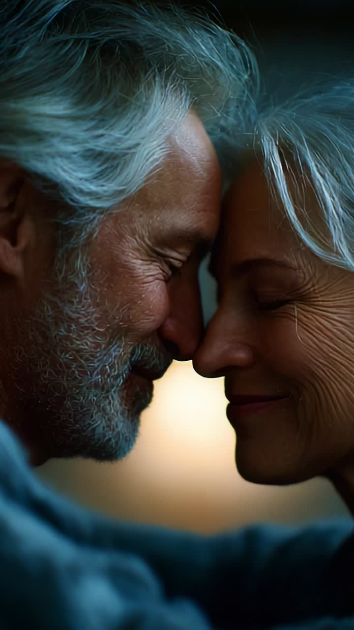 A heartwarming moment shared between an elderly couple, showcasing their love and connection through a gentle forehead touch and joyful smiles in soft lighting