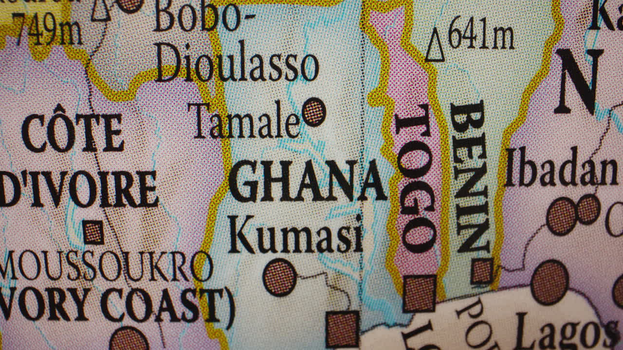 Close-up Map of West Africa Highlighting Ghana, Togo, Benin, and Cde d'Ivoire
