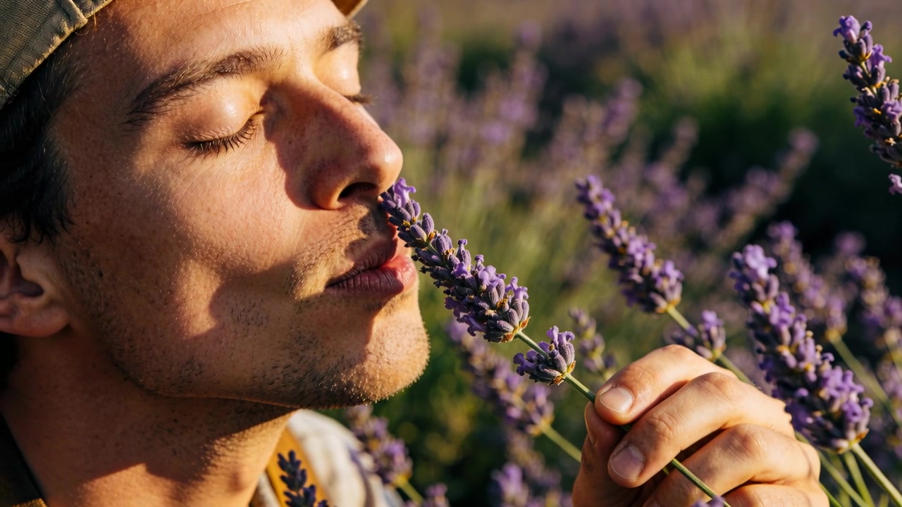 Un uomo solleva un gambo di lavanda al naso, inalando in un campo di lavanda, con cappellino e maglietta stampata, assaporando il momento
